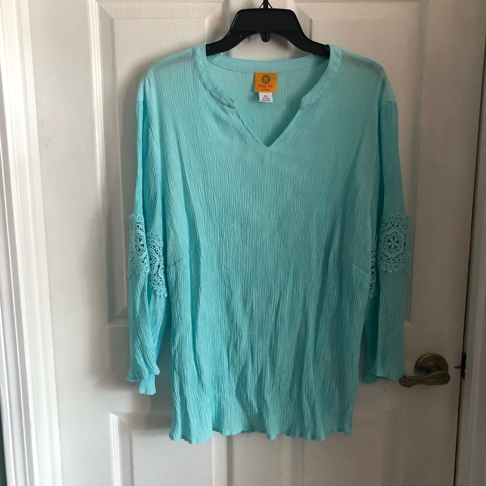 Ruby Rd blouse crinkle lace insert sleeves aqua pleated accordion fabric stretch
